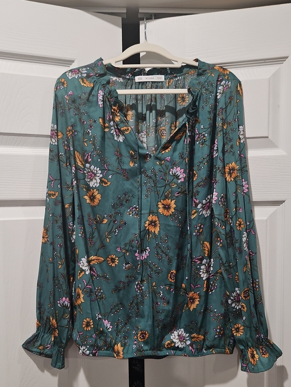 Green Floral Long-Sleeve Peasant Blouse